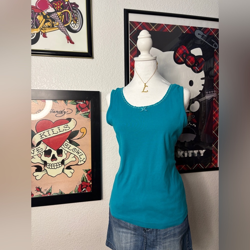 Bobbie Brooks Blue Lace Trim Bow Tank Top Y2K Indie Casual Basics Vintage 90s